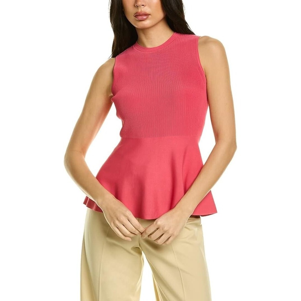 Theory Textured Shell Glossed Pink Ribbed Peplum Knit Top Large A009280